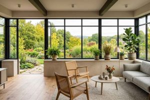 Intérieur d'une véranda ouverte sur salon avec muret de soubassement en béton clair, menuiseries noires de style atelier et vue sur un jardin paysager
