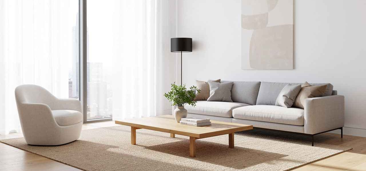 Inspiration décoration de salon avec un grand tapis en sisal sous une table basse en bois massif. Ambiance épurée, lumineuse et écologique pour un intérieur chaleureux