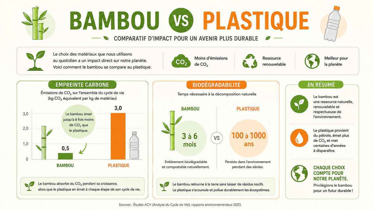 Infographie claire pour comprendre pourquoi le bambou est meilleur pour la planète que le plastique classique