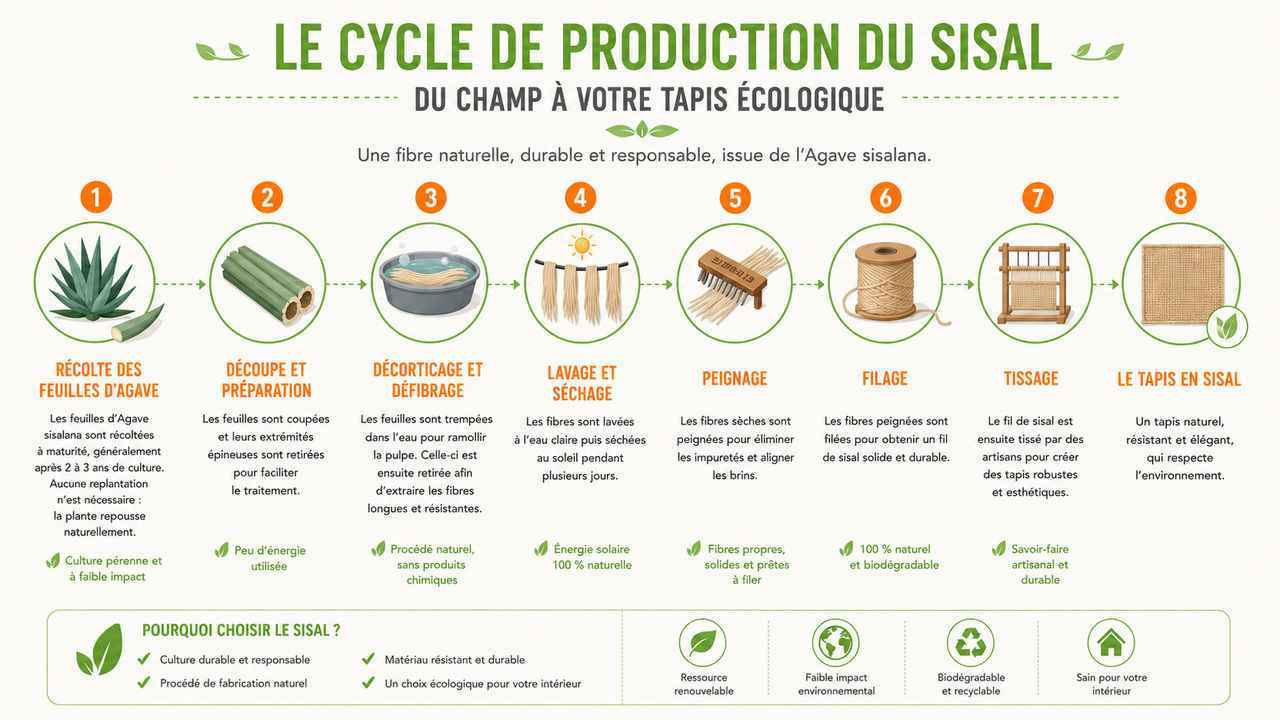 Infographie complète expliquant la fabrication écologique du tapis en sisal, de la récolte de l'agave mexicain jusqu'au tissage final