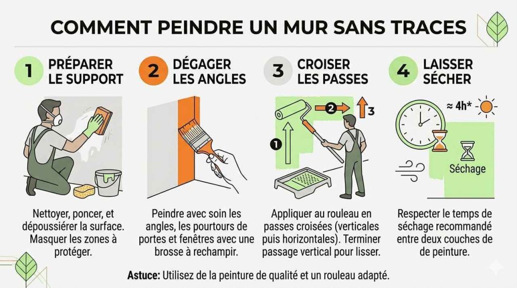 Infographie complète en français reprenant les 4 étapes clés pour peindre un mur sans coulures ni marques de rouleau. Parfait pour vos travaux de rénovation