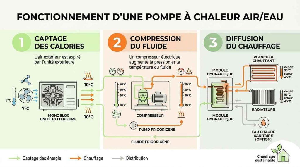 Infographie complète expliquant le circuit d'une pompe à chaleur air/eau. Comprenez facilement comment l'air extérieur chauffe votre logement