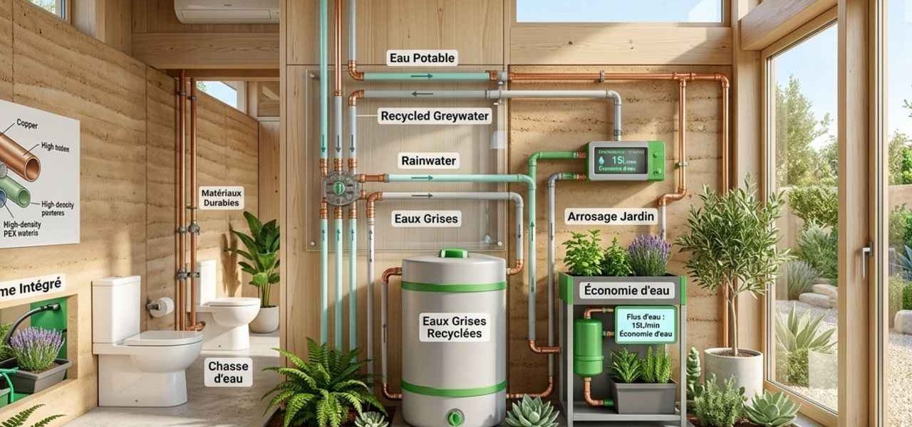 Système de plomberie écologique intégré dans une maison durable avec mise en avant de l’économie d’eau et des matériaux responsables
