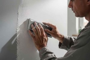 Étape indispensable de ponçage du mastic de rebouchage pour obtenir un support lisse et sain avant d'appliquer la peinture murale