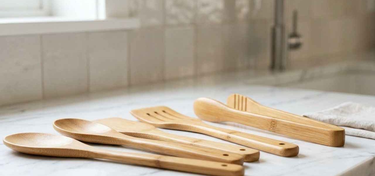 Une sélection d'ustensiles de cuisine en bambou pour une maison zéro déchet. Une alternative durable et esthétique au plastique