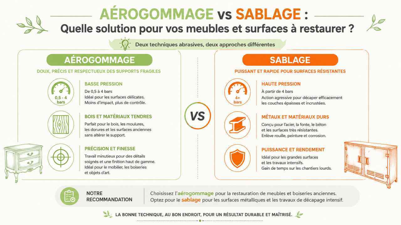 Infographie explicative complète pour choisir entre aérogommage et sablage selon le type de meuble à rénover