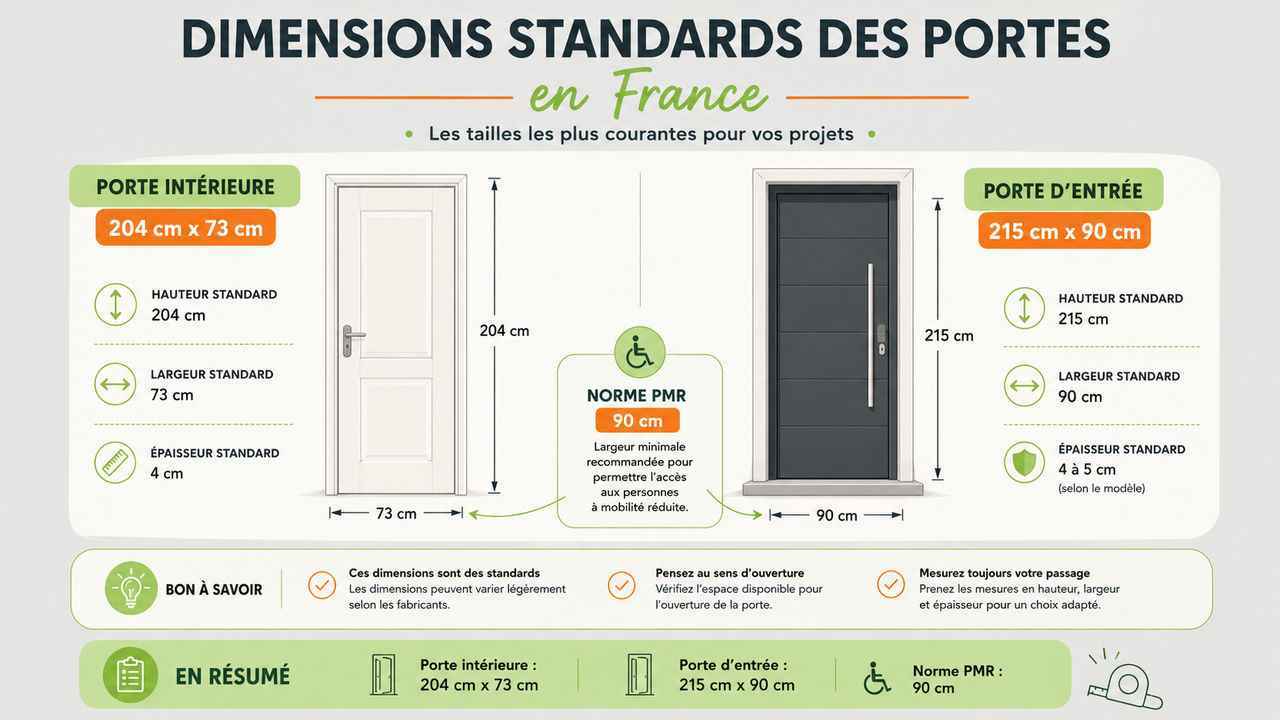 Infographie pratique : Retrouvez toutes les dimensions standards des portes en France en un coup d'œil. Hauteur, largeur et normes PMR