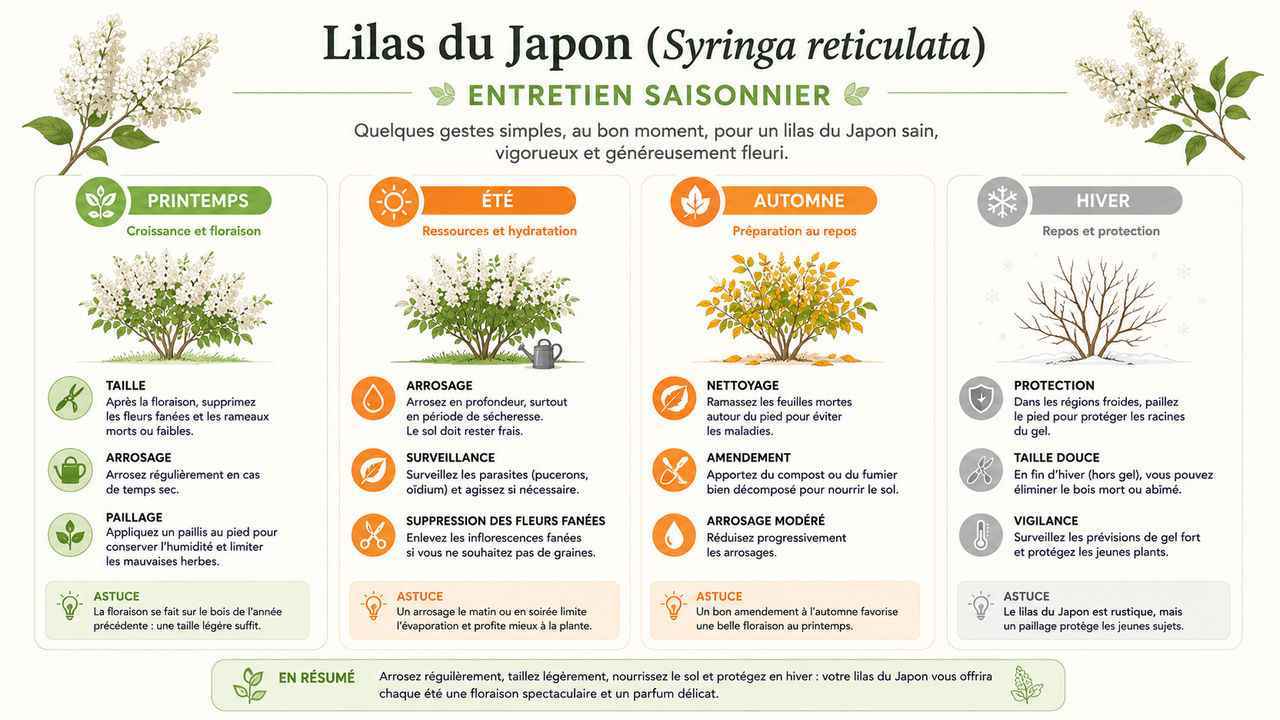 Infographie explicative détaillant les gestes d'entretien du lilas du Japon selon les quatre saisons de l'année