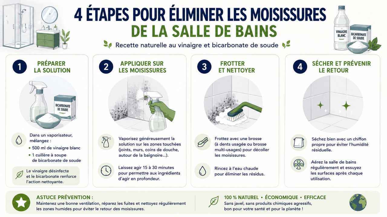 Infographie claire présentant la recette naturelle à base de vinaigre et bicarbonate pour détruire la moisissure