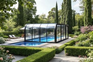 Un abri de piscine bas et télescopique installé sur un bassin rectangulaire dans un jardin moderne