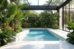 Aménagement haut de gamme d'un abri de piscine haut façon véranda d'architecte pour se baigner toute l'année