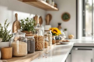 Rangement d'aliments en vrac dans des bocaux en verre durables pour une cuisine zéro déchet