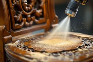 Technique de décapage thermique sur un volet en bois à l'aide d'un décapeur thermique et d'un grattoir