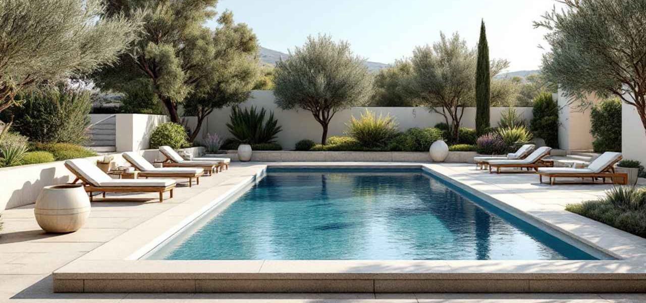 Un aménagement soigné autour d'une piscine, intégrant des margelles en pierre naturelle et des espaces de détente