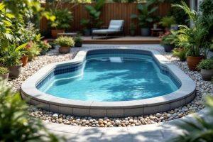 Aménagement d'une piscine hors sol avec galets décoratifs et plantes, offrant une ambiance naturelle