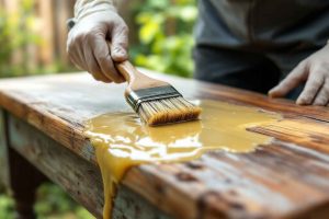 Application d'un décapant chimique en gel au pinceau sur un meuble en bois pour éliminer les anciennes couches de vernis