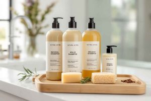 Shampoing et savons solides disposés dans une salle de bain zéro plastique
