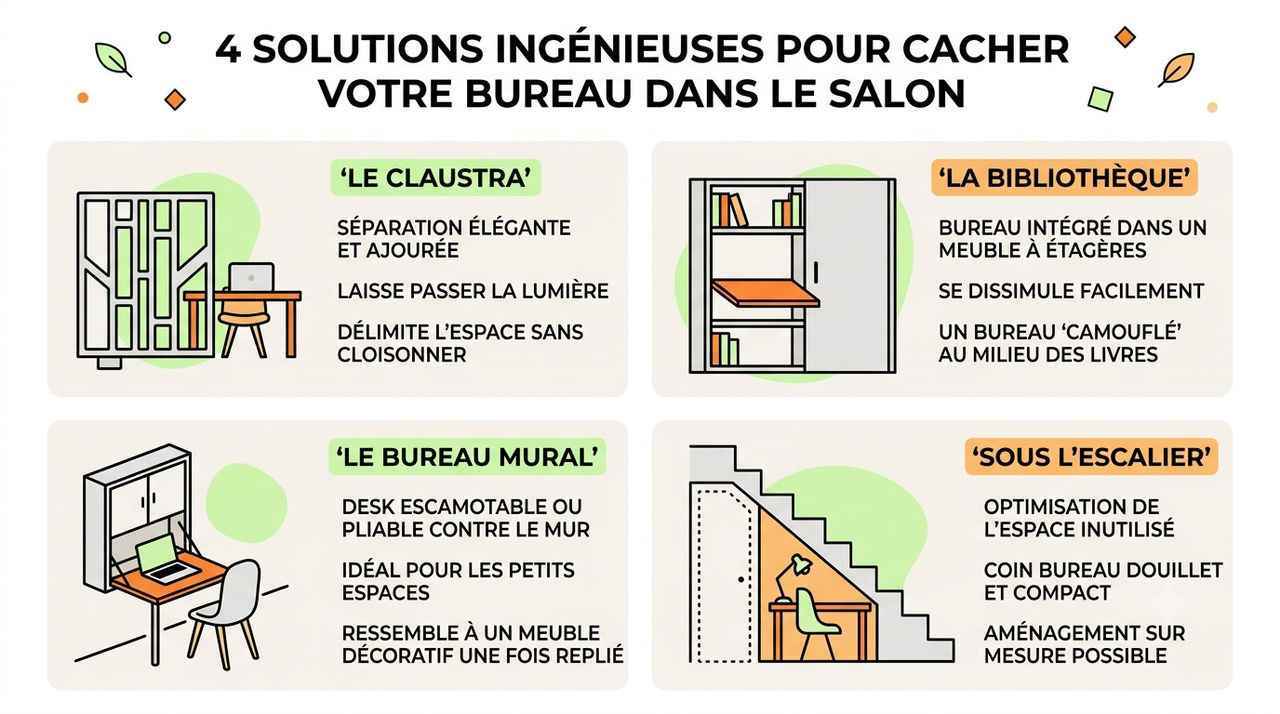 Infographie synthétique résumant les meilleures solutions pour intégrer un coin bureau dans le salon
