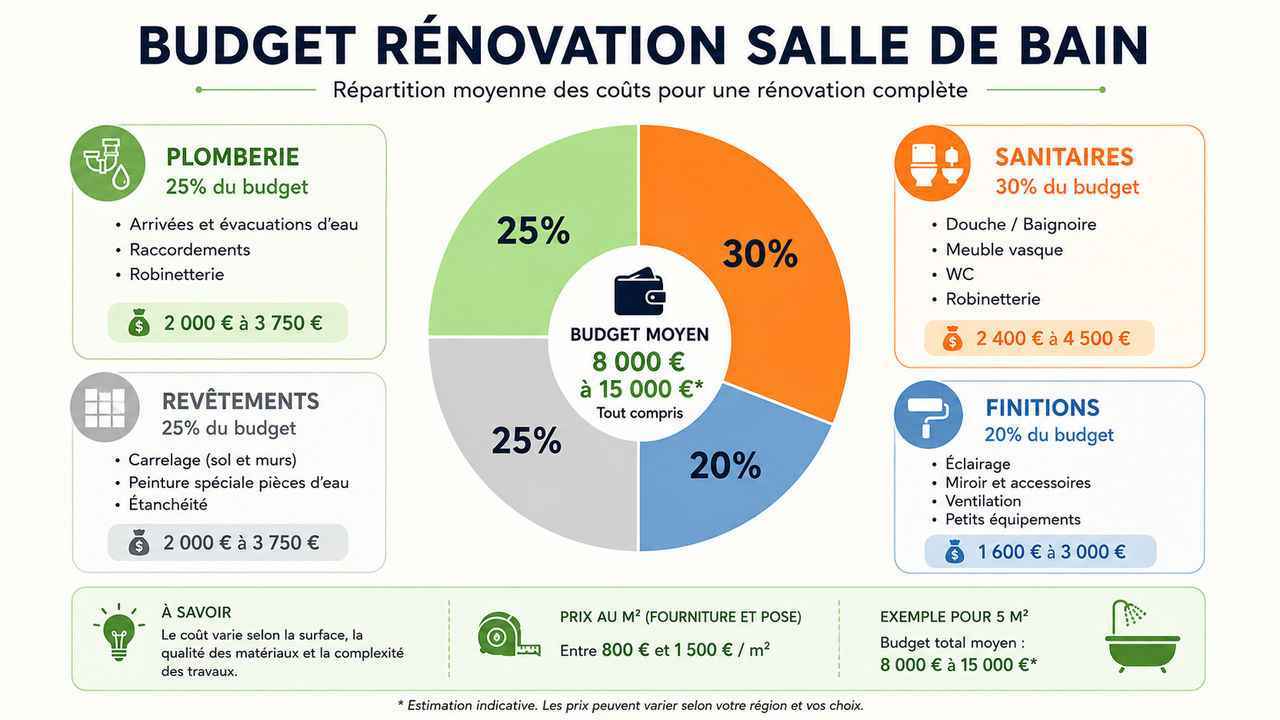 Infographie complète sur le budget moyen à prévoir pour refaire sa salle de bain. Répartition des coûts pour la plomberie et les matériaux