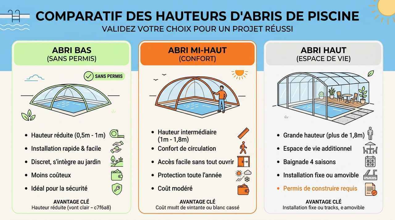 Infographie comparative complète pour choisir entre abri bas, mi-haut et abri haut selon votre projet