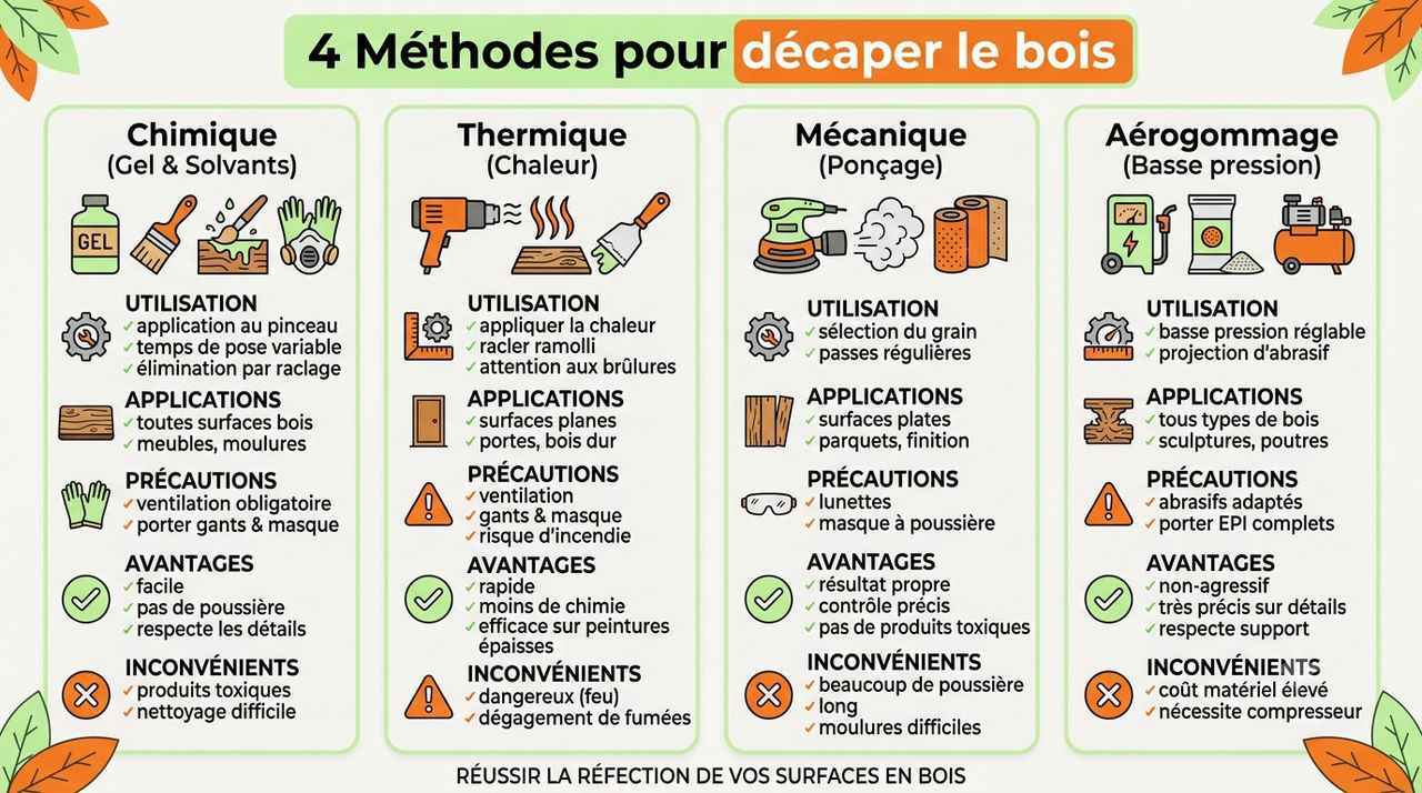 Infographie comparative des 4 meilleures méthodes pour décaper du bois selon vos besoins