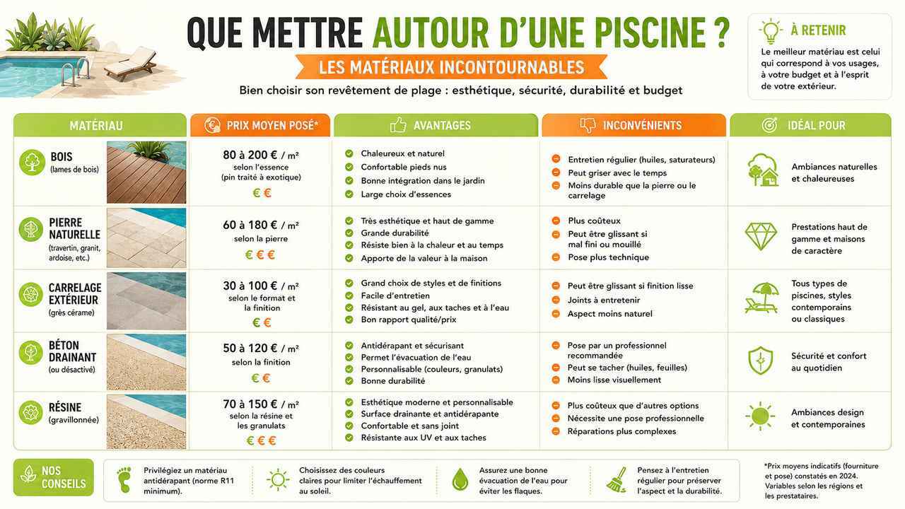 Infographie détaillant les matériaux pour l'aménagement du tour de piscine avec leurs prix et caractéristiques