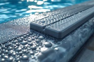 Gros plan sur des margelles antidérapantes autour d'une piscine, illustrant leur texture et leur fonctionnalité