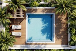 Vue aérienne d'un jardin avec une piscine, terrasse en bois composite et pergola ombragée