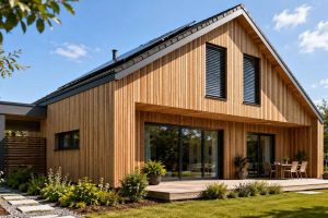 Façade extérieure en bardage bois naturel sur une maison écologique contemporaine