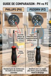 Une image montrant une comparaison claire entre les empreintes Phillips et Pozidriv sur des vis, avec des flèches explicatives. Cela aide à visualiser les différences essentielles entre ces deux types d'empreintes