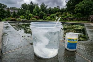 Dilution du chlore choc dans un seau d'eau propre avant application dans la piscine