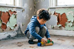 Un enfant jouant dans une pièce avec des peintures anciennes, soulignant l'importance de surveiller l'exposition au plomb