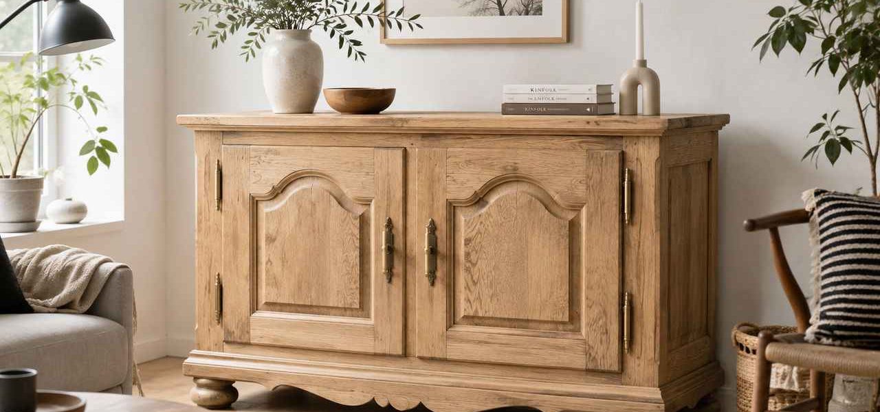 Un meuble en chêne rustique modernisé dans un intérieur scandinave élégant, montrant sa nouvelle finition