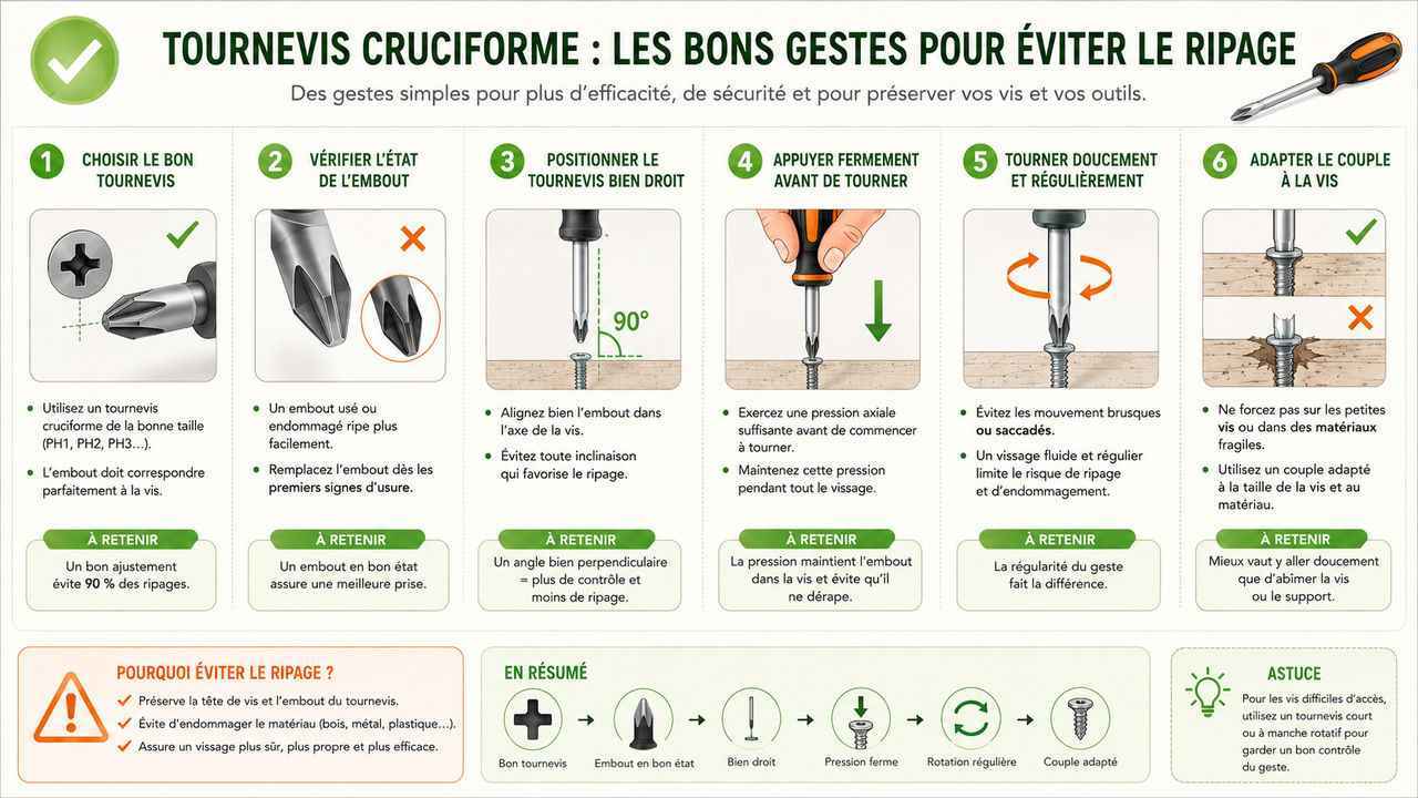 Infographie détaillant les bons gestes à adopter pour éviter le ripage lors de l'utilisation d'un tournevis cruciforme. Elle inclut des conseils pratiques et des illustrations pour chaque étape