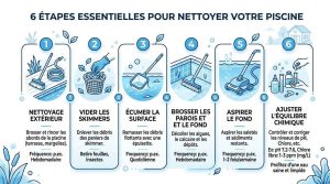 Infographie récapitulative des étapes essentielles pour nettoyer et entretenir sa piscine