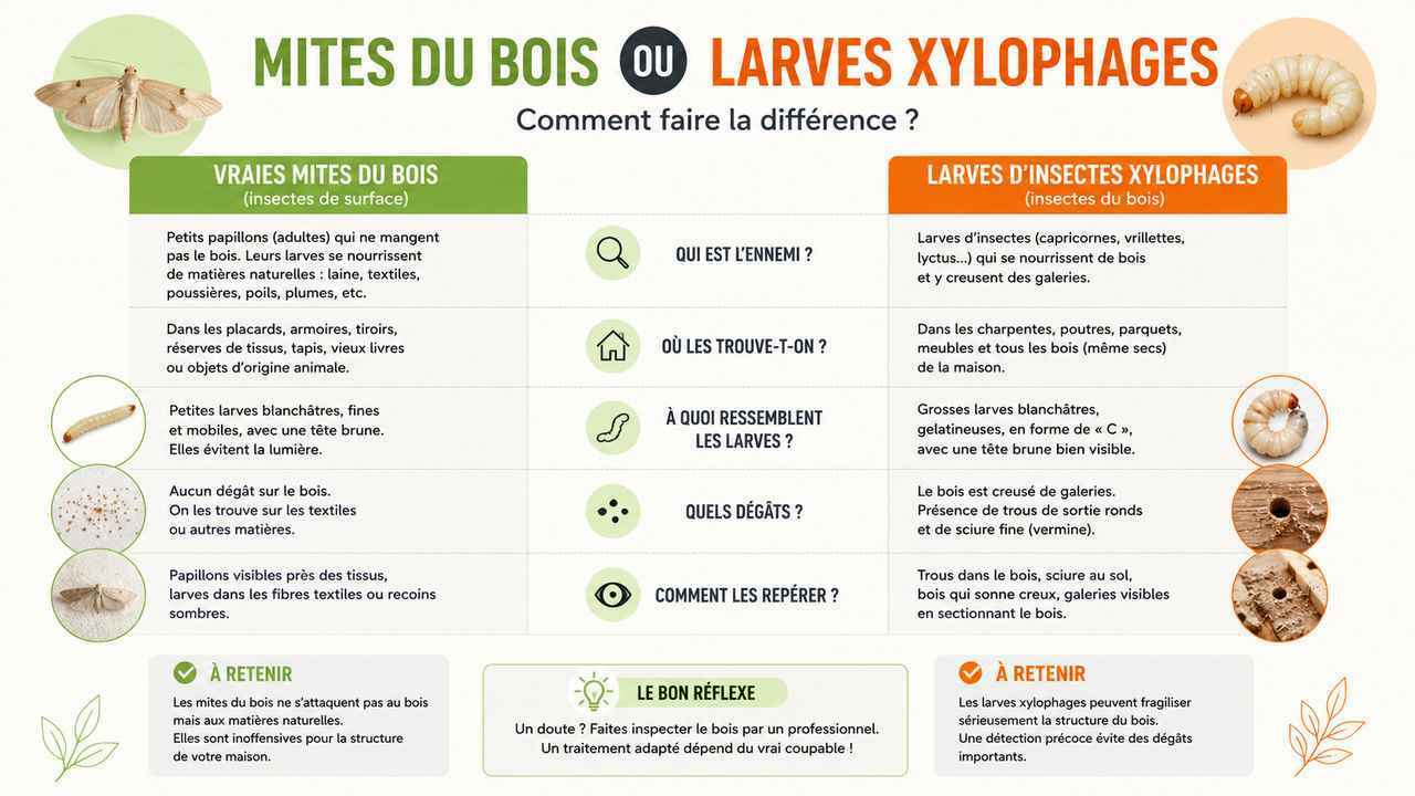 Infographie détaillant les différences entre les vraies mites du bois et les larves d'insectes xylophages, avec des illustrations claires