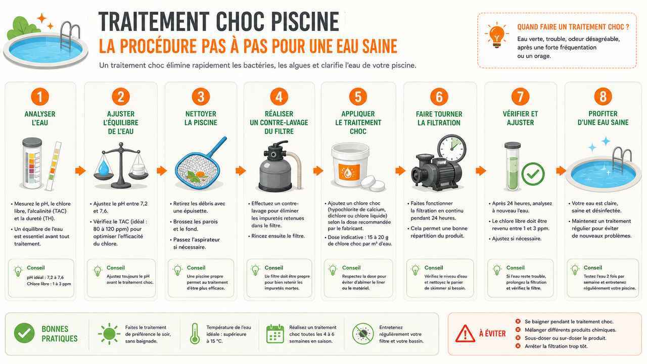 Infographie détaillant les étapes pour réussir un traitement choc de piscine efficacement