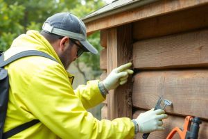 Un professionnel inspectant une structure en bois pour détecter des signes d'infestation par des insectes xylophages, équipé d'outils spécialisés