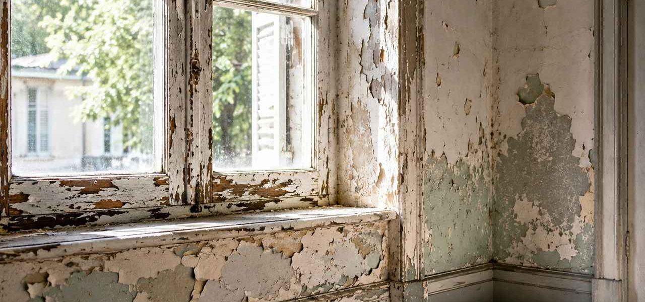 Maison ancienne avec fenêtres en bois montrant des couches de peinture écaillées, illustrant les dangers de la peinture au plomb