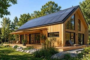 Maison bioclimatique en bois avec panneaux solaires intégrés dans un environnement verdoyant