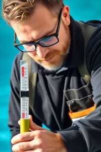Un professionnel vérifiant le pH de l'eau avant d'appliquer le chlore choc