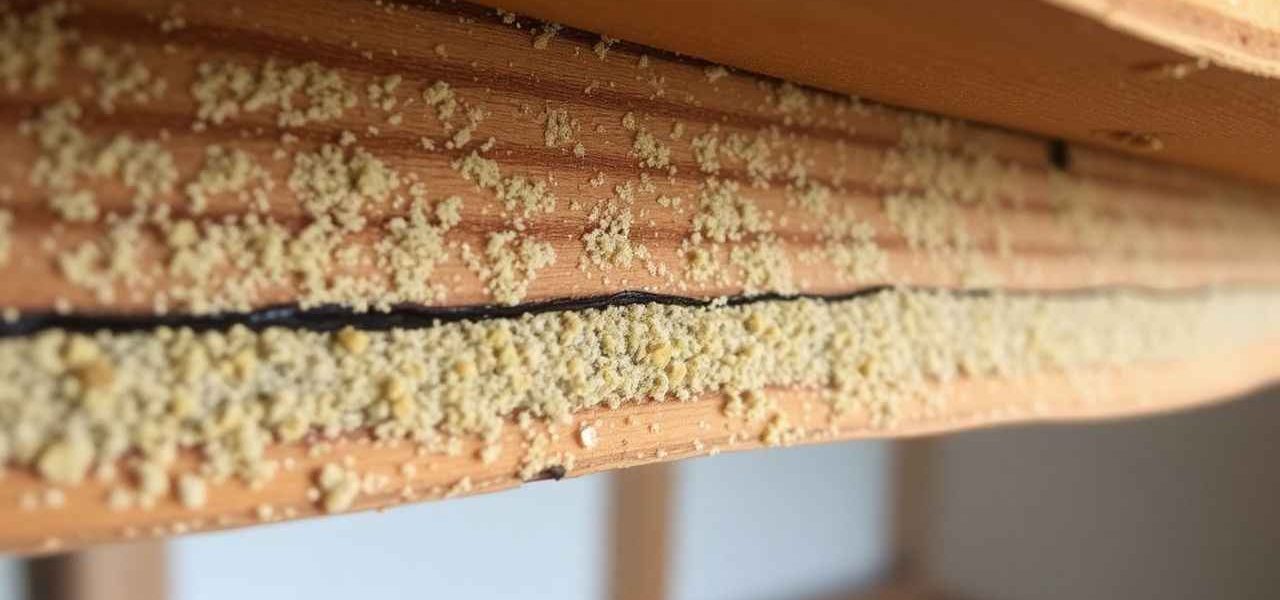 Une vue rapprochée de sciure fine sous une poutre, illustrant les signes d'infestation par des insectes xylophages dans un intérieur
