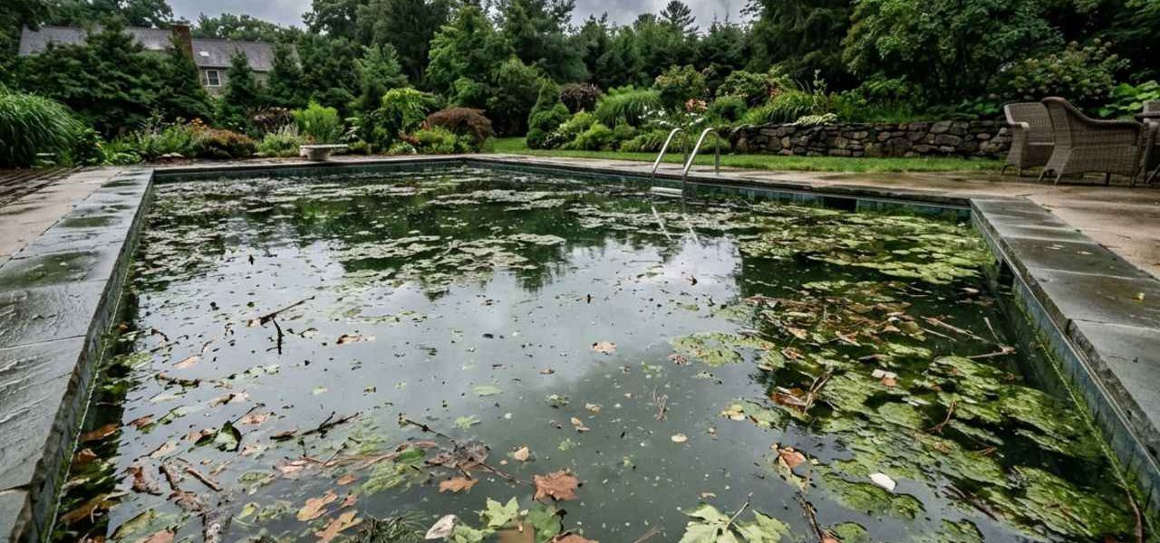 Une piscine trouble après un orage, illustrant la nécessité d'un traitement choc