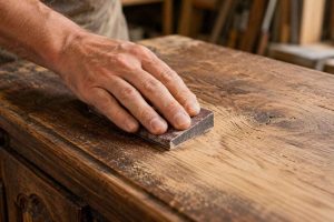 Détail du ponçage d'un meuble en chêne rustique, mettant en valeur la texture du bois