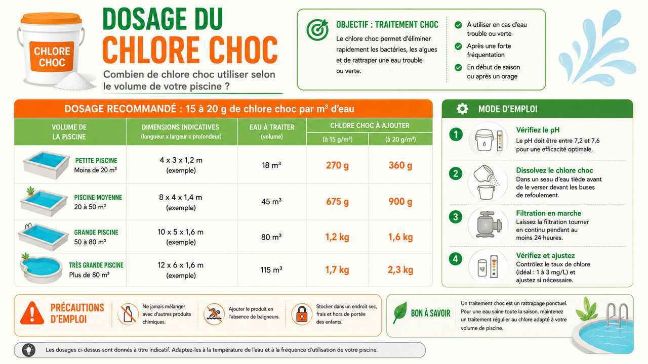 Tableau de dosage du chlore choc pour piscines de différentes tailles, utile pour les propriétaires