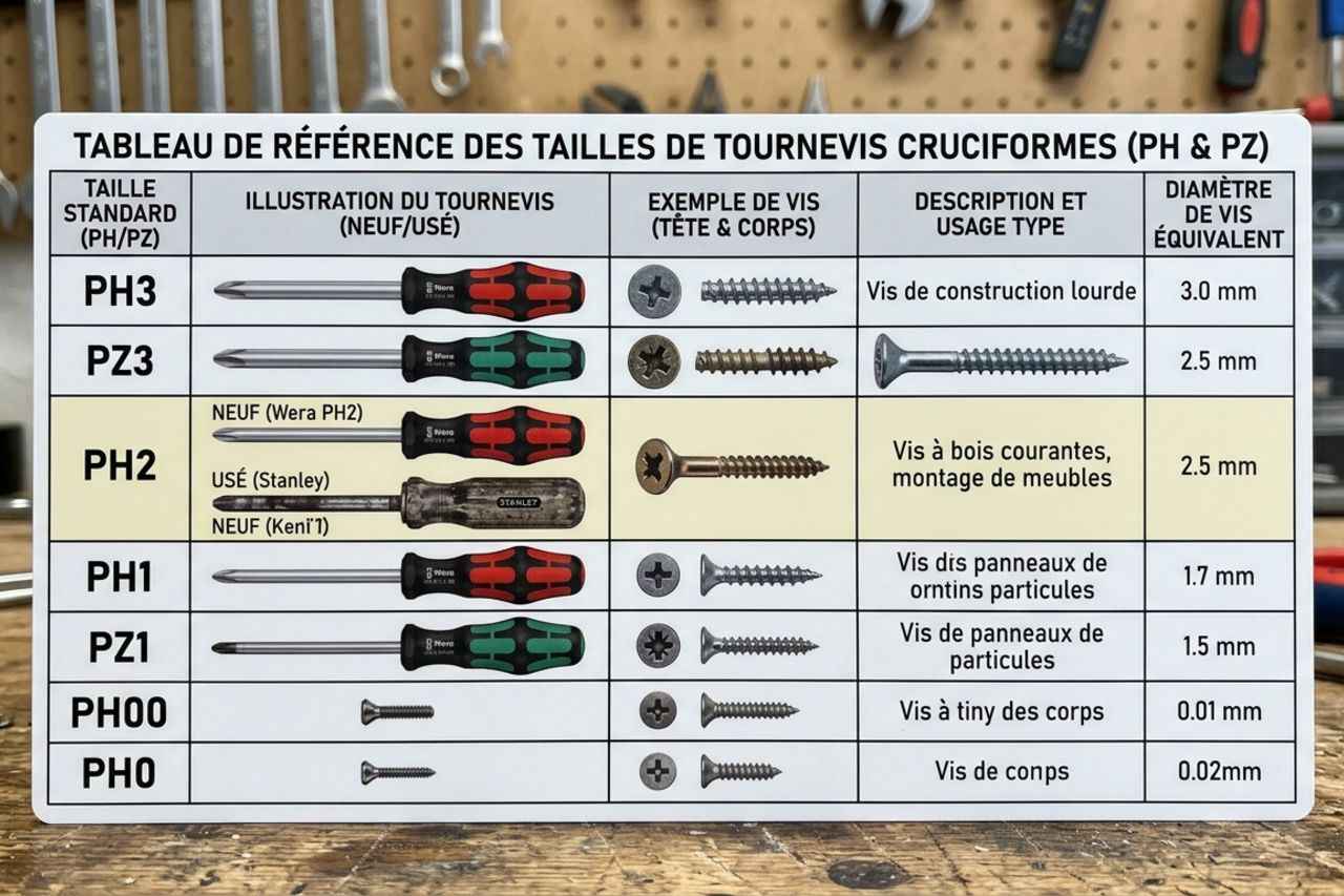 Un tableau illustratif présentant les différentes tailles standardisées des tournevis cruciformes, accompagnées d'exemples de vis correspondants. Cela permet de mieux comprendre quel tournevis utiliser selon la taille de la vis