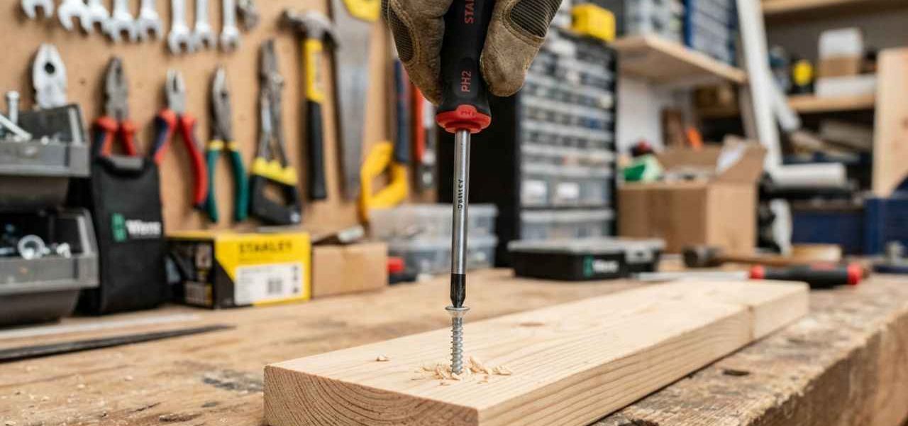 Un tournevis cruciforme est utilisé pour visser une vis dans un morceau de bois, illustrant son utilisation pratique sur un chantier