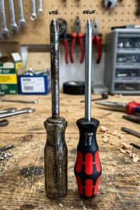 Un gros plan comparatif entre un tournevis cruciforme usé et un neuf. L'image met en évidence l'importance de l'entretien pour prolonger la durée de vie des outils