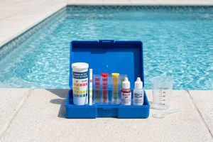 Le kit de test pour mesurer le pH et le taux de chlore avant le traitement chimique de la piscine