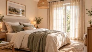 Une chambre apaisante ornée de rideaux en lin naturel et de literie douce. L'ambiance relaxante est accentuée par des couleurs neutres et une lumière douce